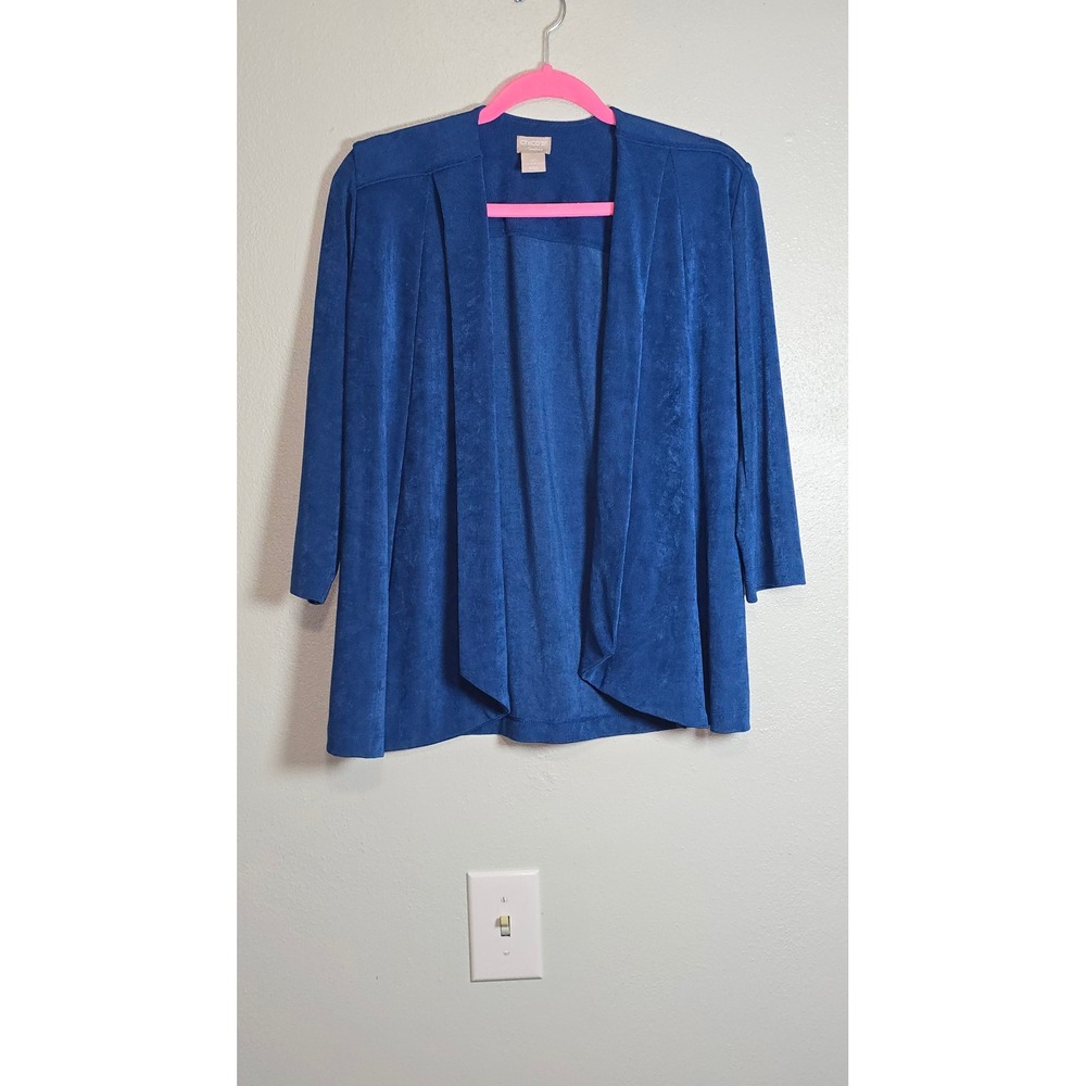 Chicos Travelers Royal Blue Open Front Cardigan Jacket Slinky Knit Size 00 XS